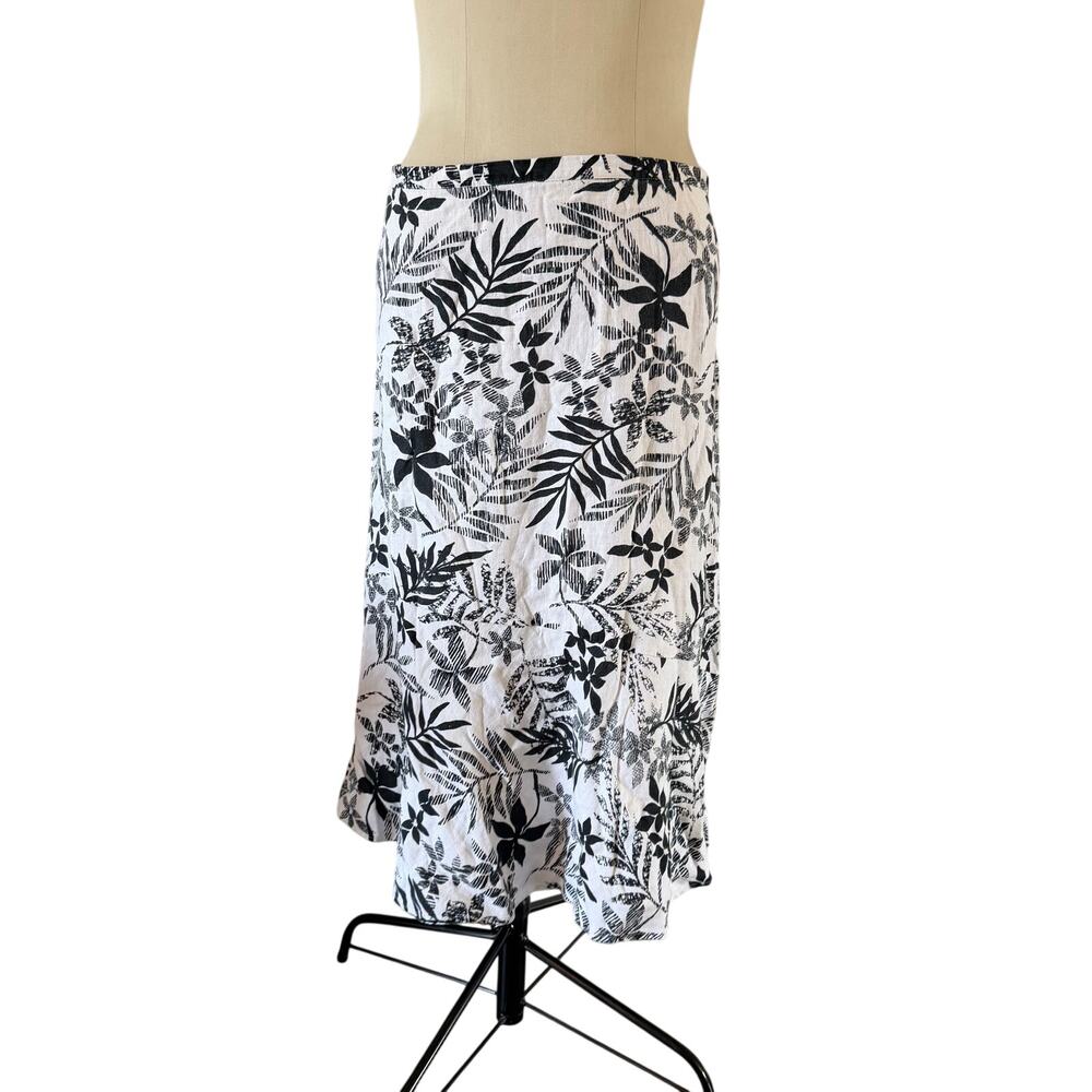 Black White Tropical Palm Print 100% Linen Maxi Skirt Plus Size 16 Resortwear